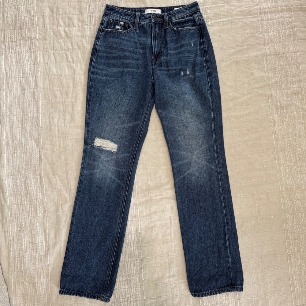 Ceros Womens High Rise Distressed Straight Leg Jeans Size 26x30 Medium Dark Wash